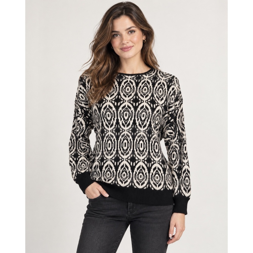 Vintage Bonwit Teller Small Black White Angora Blend Ikat Sweater